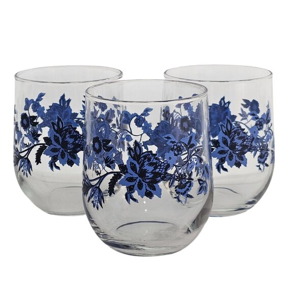 3 Royal Norfolk Blue Floral Juice Glasses Set 16oz black accent flowers 4" - Picture 2 of 8